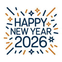 Happy new year 2026, blue line fireworks, star sparkles around type, trendy celebration typography, cheerful holiday vector