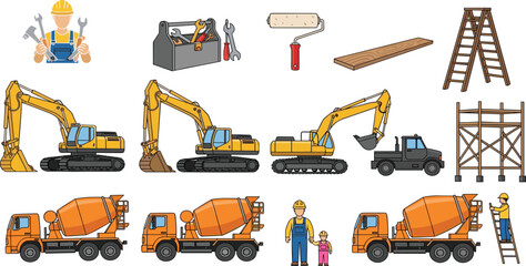 Construction workers, machinery, tools, vehicles, scaffolding, cement mixers, excavators, ladder, teamwork, safety, child, site equipment, vector illustration © Saila
