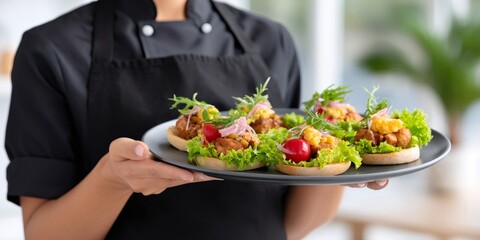 Chef serving catering appetizers on plate for event