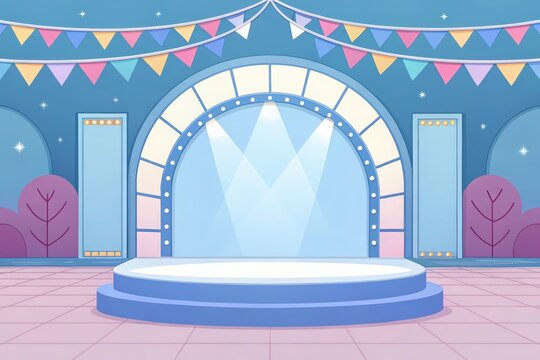 Festive Entertainment Stage Setup with Bright Lights and Colorful Banners Ready for a Show