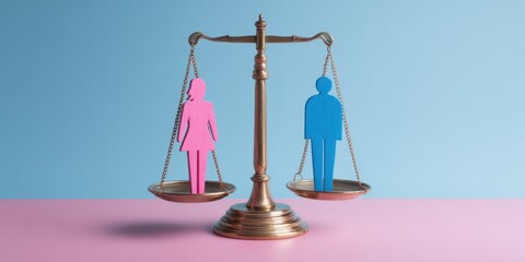 scales of justice with a pink female figure on one side and a blue male silhouette on the other, symbolizing gender equality in the law