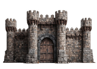 Majestic stone fortress gate with wooden doors and crenellated towers, on black background
