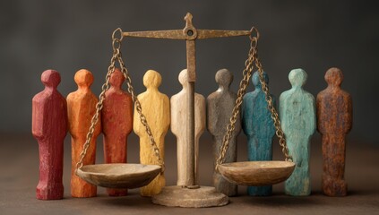 scales of justice with different colored wooden mannequins in the background, representing diversity and equality