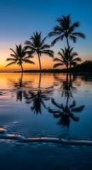Fototapeta premium Stunning Tropical Beach Sunset with Palm Tree Silhouettes and Reflections.