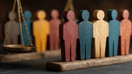 scales of justice with different colored wooden mannequins in the background, representing diversity and equality