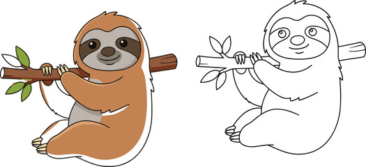 Naklejka premium Cute sloth hanging on tree branch vector illustration for kids coloring book, jungle animal art, nature wildlife drawing design