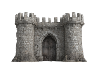 Ornate stone fortress gate with twin towers and weathered wooden doors