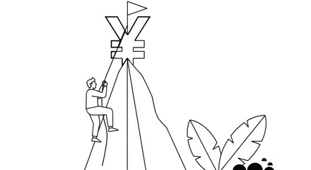 Person climbing a mountain towards a currency symbol representing financial success.
