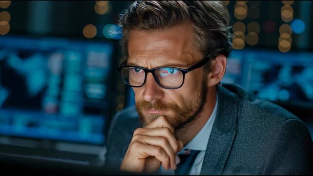 Businessman interacting with a sleek workstation where high-resolution data panels appear, focus and stress.