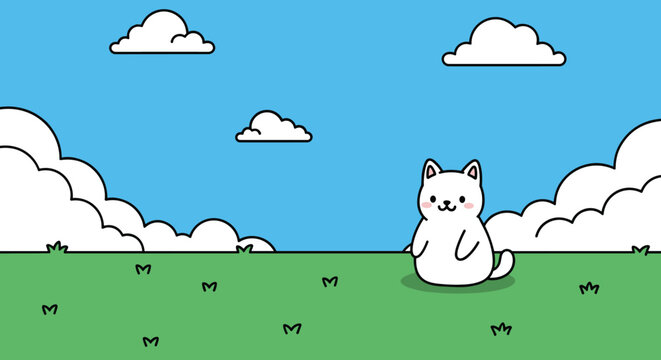 Pixel art white cat with blue tail sitting on grassy field under cloudy sky, cute retro style nature animal illustration