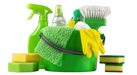 A green bucket overflows with cleaning supplies and tools for a tidy home