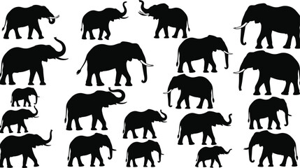Elephant Black Silhouette Vector Set, Variety of African and Asian Animals with Trunks and Tusks, Detailed Wildlife Graphic Collection for Safari, Zoo, Conservation, or Design Elements
