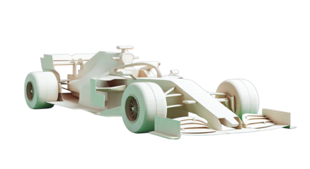 A stark white, aerodynamic racing vehicle on a dark background