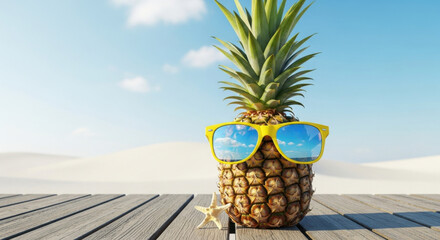 Pineapple wearing yellow sunglasses sits on wooden planks at a beach under a cloudy blue sky, embodying the essence of a tropical summer holiday.
