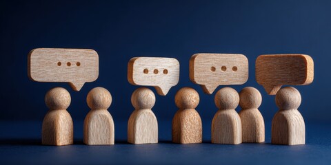 wooden figures with speech bubbles on a dark blue background