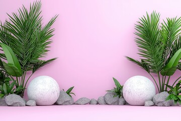Obraz premium Speckled White Spheres and Tropical Plants on Pink Background