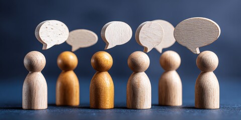 wooden figures with speech bubbles on a dark blue background