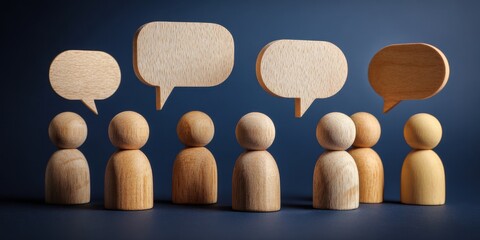 wooden figures with speech bubbles on a dark blue background
