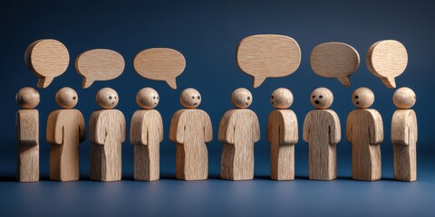 wooden figures with speech bubbles on a dark blue background, a group of people standing in line looking at the camera and having a conversation