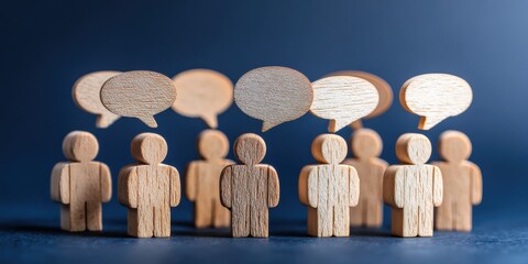 wooden figures with speech bubbles on a dark blue background, a group of people standing in line looking at the camera and having a conversation