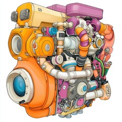 Stylized Orange and Purple Engine Illustration with Detailed Mechanical Components