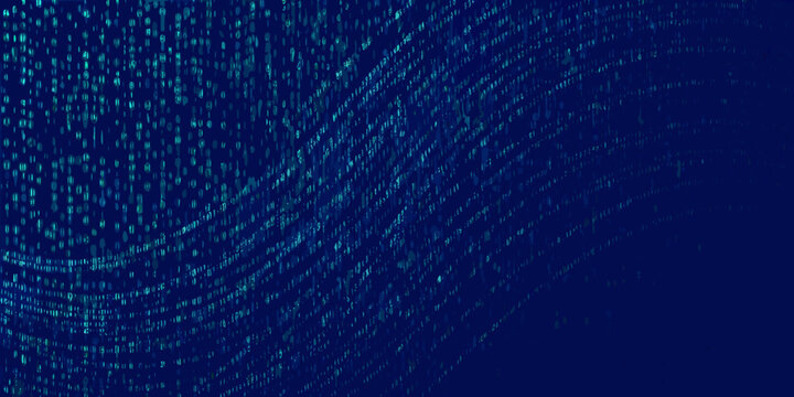 Abstract dark blue background with binary code pattern and wavy lines