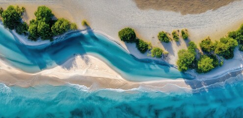 Obraz premium Coastal Serenity: An aerial perspective unveils a picturesque shoreline where the turquoise ocean meets a sandy beach, with a flowing river and verdant trees in harmony.