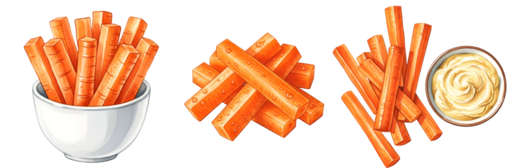 Three arrangements of carrot sticks with a bowl of dip on an isolated plain colored setting on transparent background