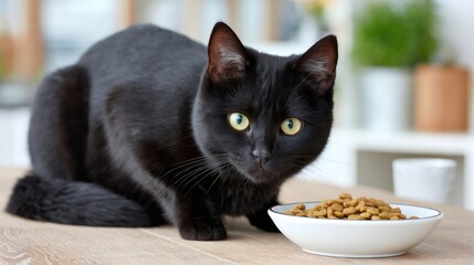 Black cat looking at a bowl of dry cat food