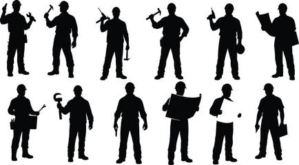 Silhouette set of construction workers with tools, hard hats, and documents representing various trades and industrial job site professions