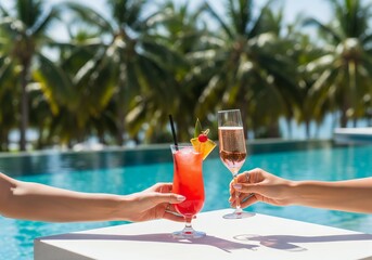 Two people toasting with cocktails by a tropical swimming pool with palm trees in the background.
