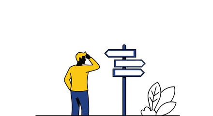 Obraz premium Person contemplating multiple directions at a crossroads, symbolizing choice and uncertainty