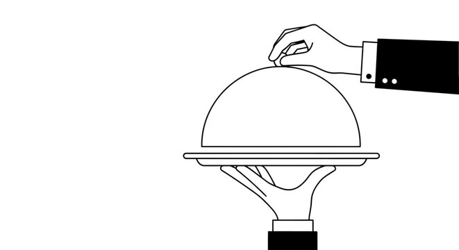 Hand in suit lifting cloche to reveal surprise meal on serving tray