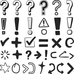 Collection of hand drawn punctuation marks and symbols in black and white question mark