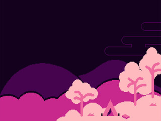 Pink Forest Camping at Night, Abstract Pixel Art Minimal Outdoor Background