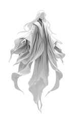 Ethereal, flowing spectral figure shrouded in translucent, white fabric, evoking a ghostly presence