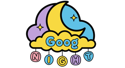 Obraz premium Whimsical night sky illustration with crescent moon, stars, and clouds spelling out 