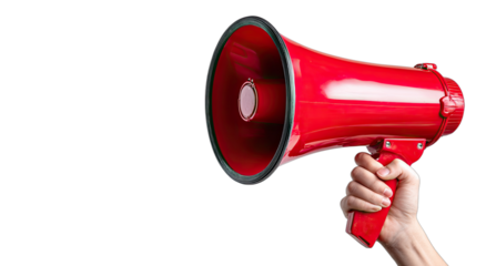 A red megaphone held by a hand against a black background