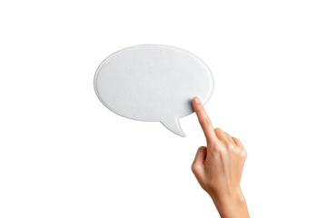 A person's finger points to a blank speech bubble on a black background