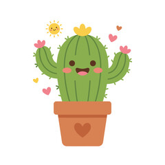 Cheerful cartoon saguaro cactus with sun and hearts in flower pot vector graphic for tropical summer and love theme