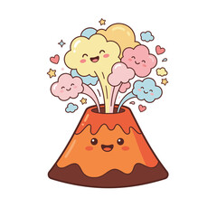 Adorable cartoon happy volcano erupting colorful cheerful clouds vector illustration for nature and joyful explosion theme