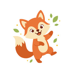 Sweet cartoon happy fox waving hand with leaves and sparkles vector graphic for wild animals and nature design