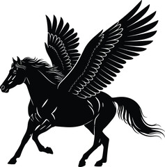 Pegasus Flying Winged Horse Black Silhouette Vector Illustration, Detailed Mythological Creature Graphic, Powerful Fantasy Animal Symbol for Logo, Heraldry, Mascot, or Design Element