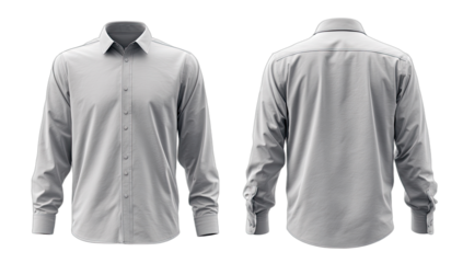 Two views of a plain grey long-sleeved collared button-up shirt