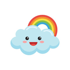 Adorable cartoon cloud with happy smiling face and vibrant rainbow vector illustration for weather and cheerful design