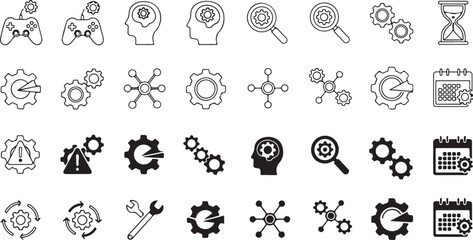 Collection of gear icons representing configuration, time management, analysis, warning, repair, and calendar settings. Vector illustration.