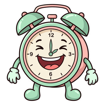 Cheerful cartoon vintage alarm clock laughing happily with hands and feet vector illustration for fun time management concept