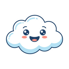 Cute Cheerful White Cloud Mascot Character with Happy Face and Big Blue Eyes Smiling Cartoon Vector Illustration