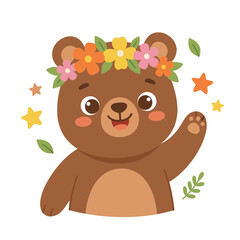 Adorable Brown Bear Mascot Character with Flower Wreath Waving Hello Surrounded by Stars and Leaves Cartoon Vector Illustration