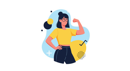 An illustration of a confident and strong woman flexing her bicep, symbolizing empowerment, determination, and self-belief.